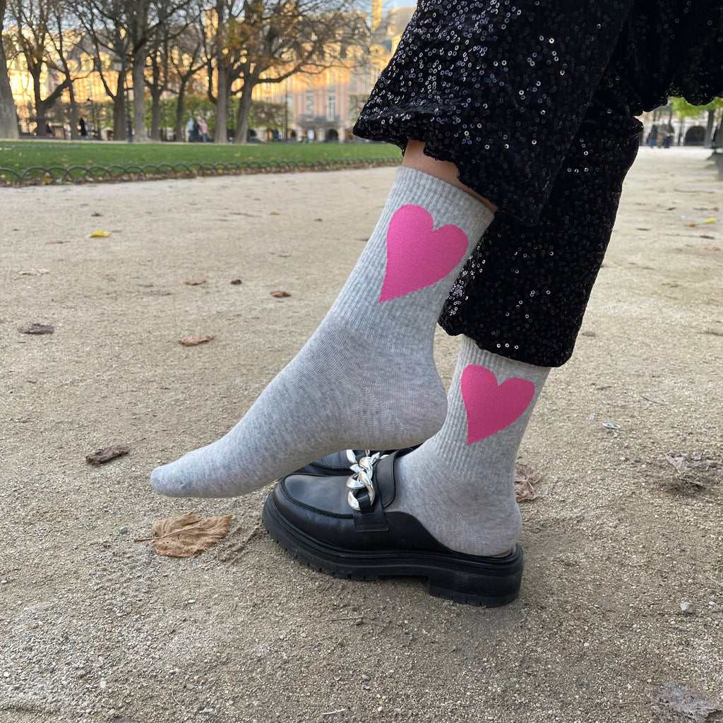 Chaussettes Grises Cœur Rose